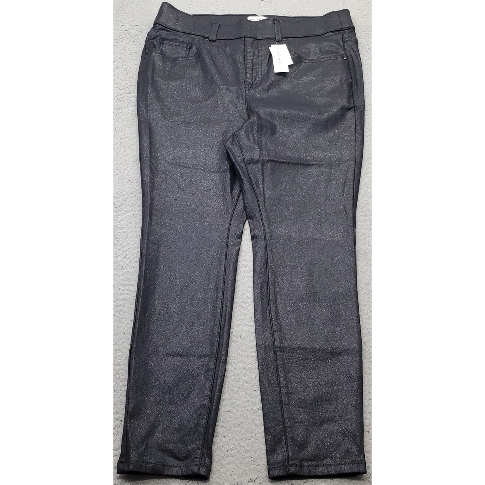 Lane Bryant Skinny Pants Womens Petite 16P Black Coated Metallic High Waisted